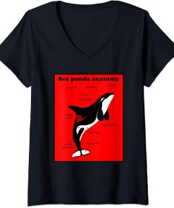 Womens Funny Orca Sea Panda Anatomy Black Red Designer V-Neck T-Shirt