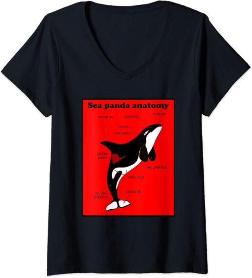 Womens Funny Orca Sea Panda Anatomy Black Red Designer V-Neck T-Shirt