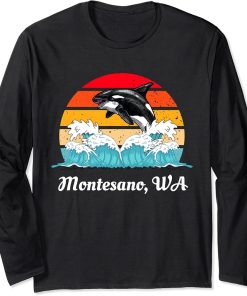 Vintage Montesano WA Distressed Orca Killer Whale Art Long Sleeve T-Shirt