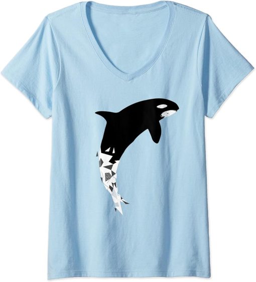 Womens Amazing Orca Whale T-Shirt Graphic Construction V-Neck T-Shirt