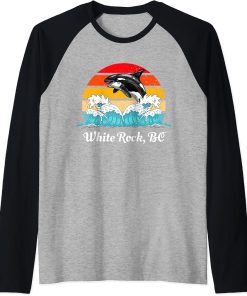 Vintage White Rock BC Distressed Orca Killer Whale Art Raglan Baseball Tee