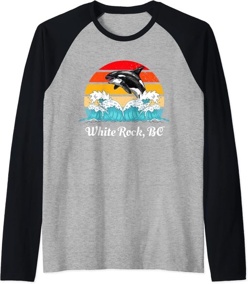 Vintage White Rock BC Distressed Orca Killer Whale Art Raglan Baseball Tee