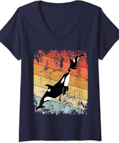 Womens Vintage Orca Whale Shirt, Retro Killer Whale V-Neck T-Shirt