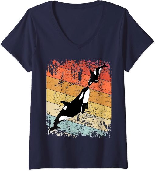 Womens Vintage Orca Whale Shirt, Retro Killer Whale V-Neck T-Shirt